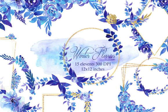 Blue Watercolor Flowers Clipart, Frames for Illustrations
