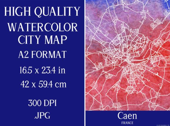 Caen France Watercolor City Map and Illustrations