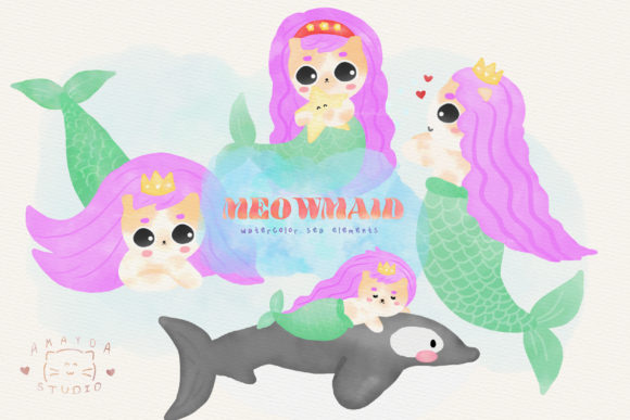 Cute Cats Mermaid Watercolor Clipart and Illustrations