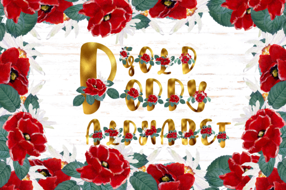 Dark Gold Watercolor Poppy Alphabet and Illustrations