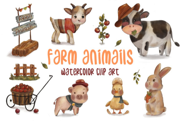 Farm Animals Watercolor Clipart and Illustrations