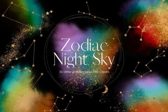Gold Glitter Rainbow Watercolour Zodiac Illustrations