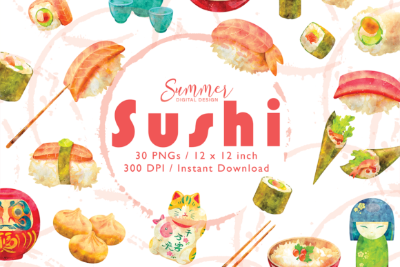 Japanese Food Clipart, Sushi Watercolor Illustrations