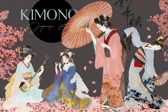Kimono - Watercolor Japan Geisha Set Illustrations