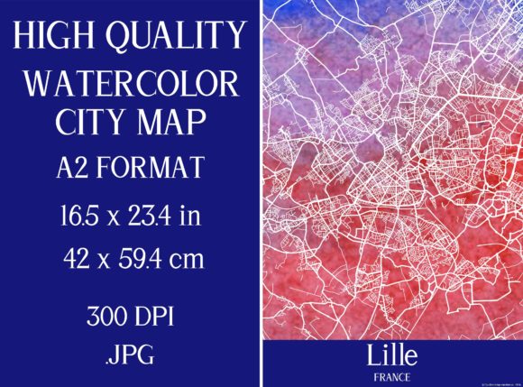 Lille France Watercolor City Map Illustrations