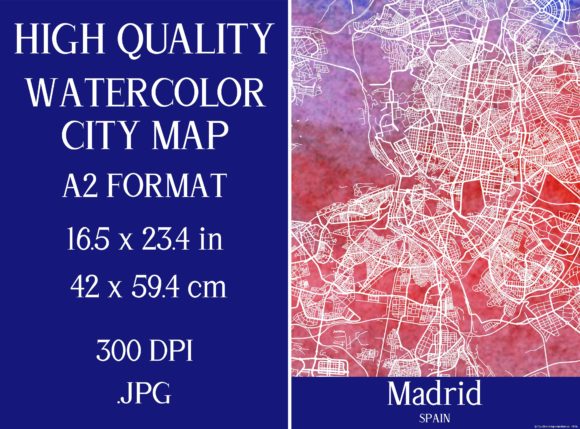 Madrid Spain Watercolor City Map Illustrations