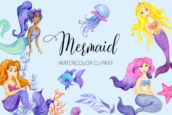 Mermaid Watercolor Clipart, Sea Set Illustrations