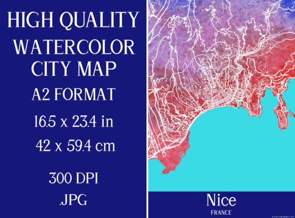 Nice France Watercolor City Map Illustrations