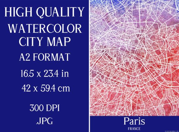 Paris France Watercolor City Map Illustrations