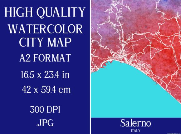 Salerno Italy Watercolor City Map Illustrations