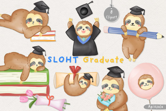 Sloth Graduate Watercolor Clipart and Illustrations
