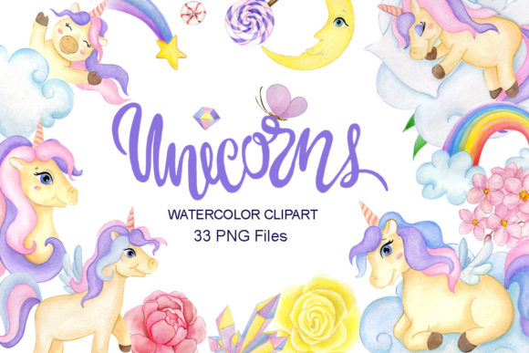 Unicorn Watercolor Clipart PNG and Illustrations