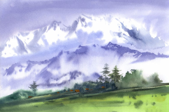 Watercolor Beautiful Mountains Sketch and Illustrations
