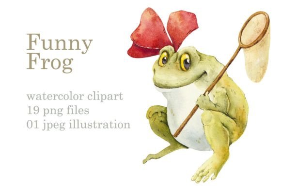 Watercolor Cartoon Frogs Set and Illustrations