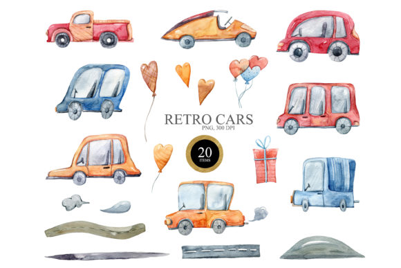 Watercolor Cute Retro Cars Clipart and Illustrations