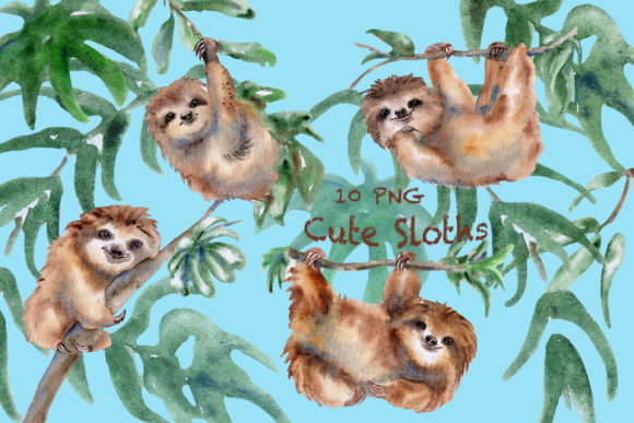 Watercolor Cute Sloths Clip Art Set Illustrations