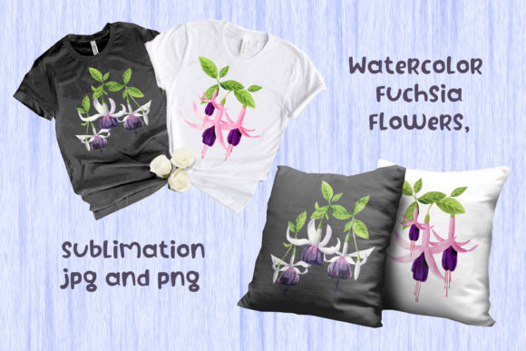 Watercolor Fuchsia Flowers, Sublimation Illustrations