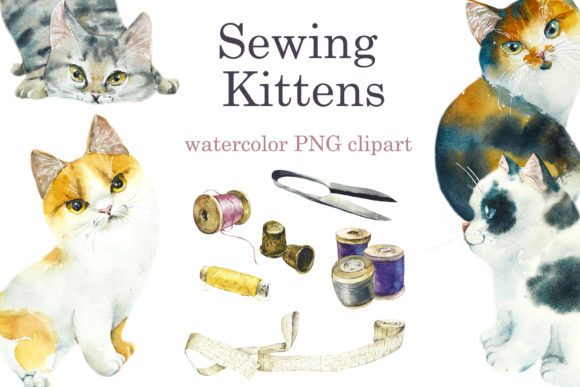 Watercolor Sewing Kittens Illustrations