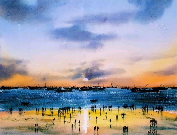 Watercolor Ship on the Sea Beach and Man Illustrations