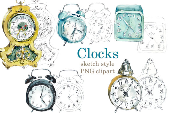 Watercolor Sketch Clock and Illustrations