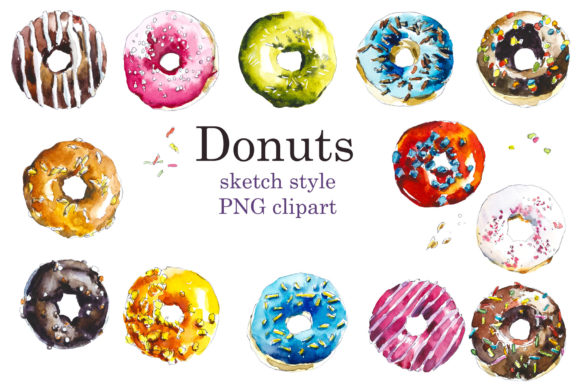 Watercolor Sketch Colorfull Donuts Illustrations