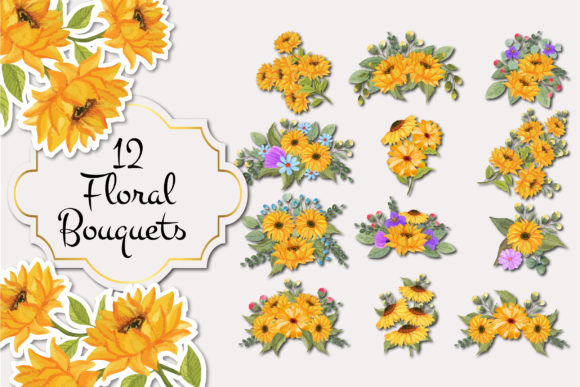Watercolor Sunflower Floral 12 Bouquets Illustrations