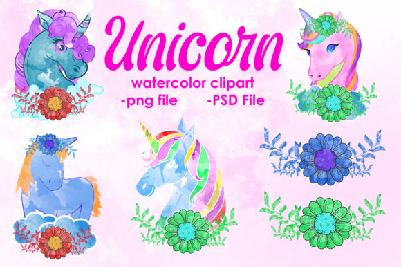 Watercolor Unicorn Sublimation Clipart and Illustrations