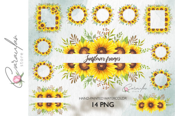 Watercolour Sunflower Frames Wreaths Illustrations